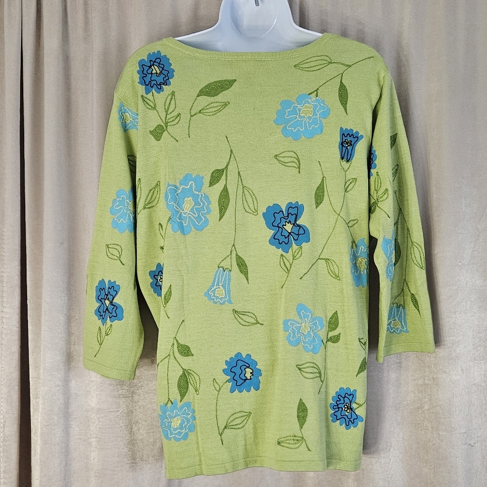 NWOT David Brooks green blue embroider floral silk cardigan sweater Women XLarge - Picture 9 of 9